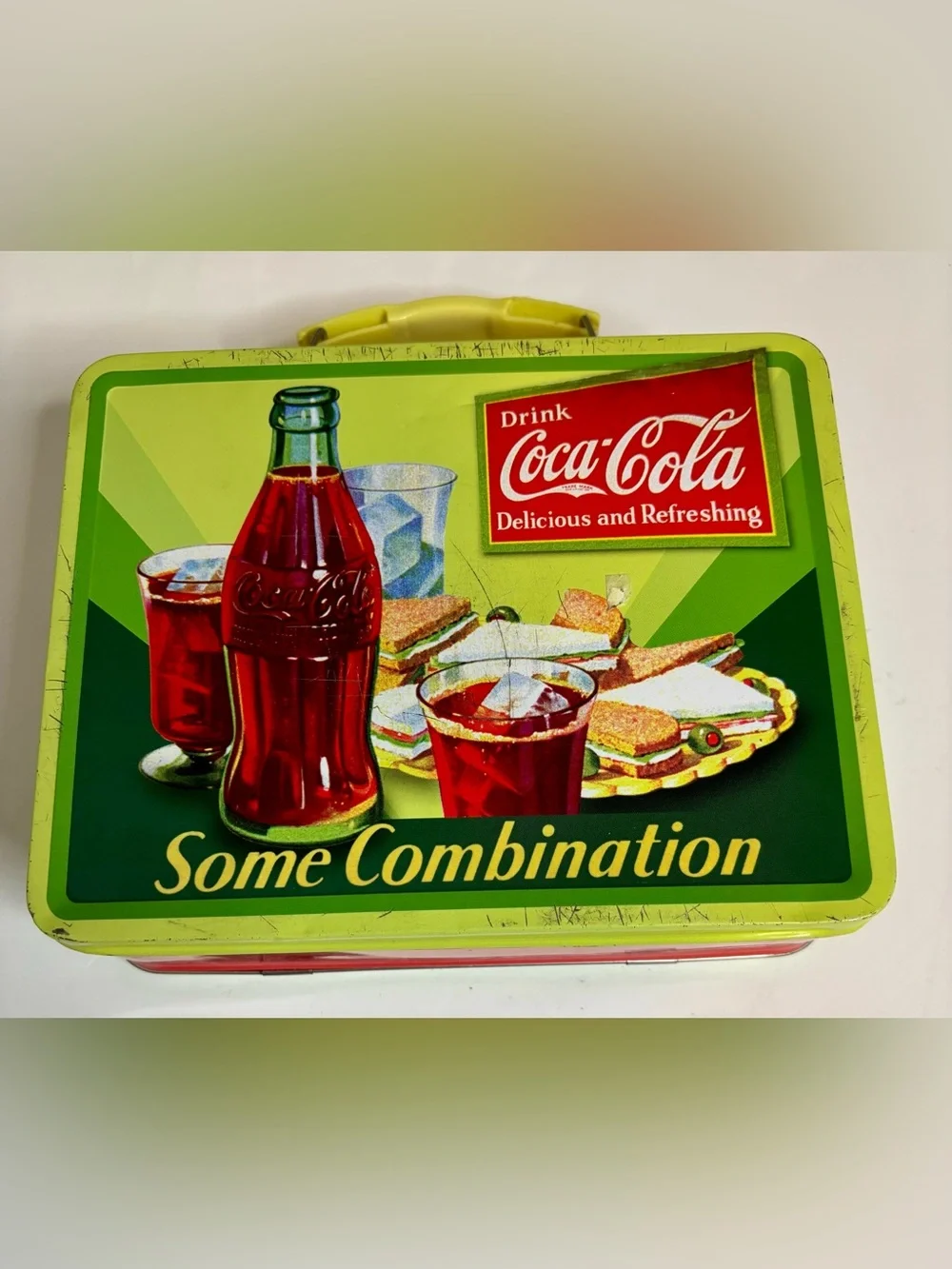 Coca-Cola Green Tin Lunchbox with Bottle and Sandwich Illustration vintage look